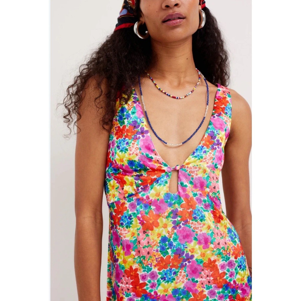For Love & Lemons $252 Merrill Midi Slip Dress V Neck Keyhole Cutout Tie Back‎ S